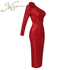 slanted neckline red sequin prom dress